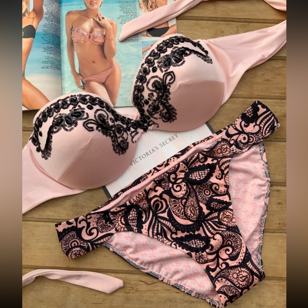 RARE Victoria's Secret Blush and Black Lace Bikini Set.
